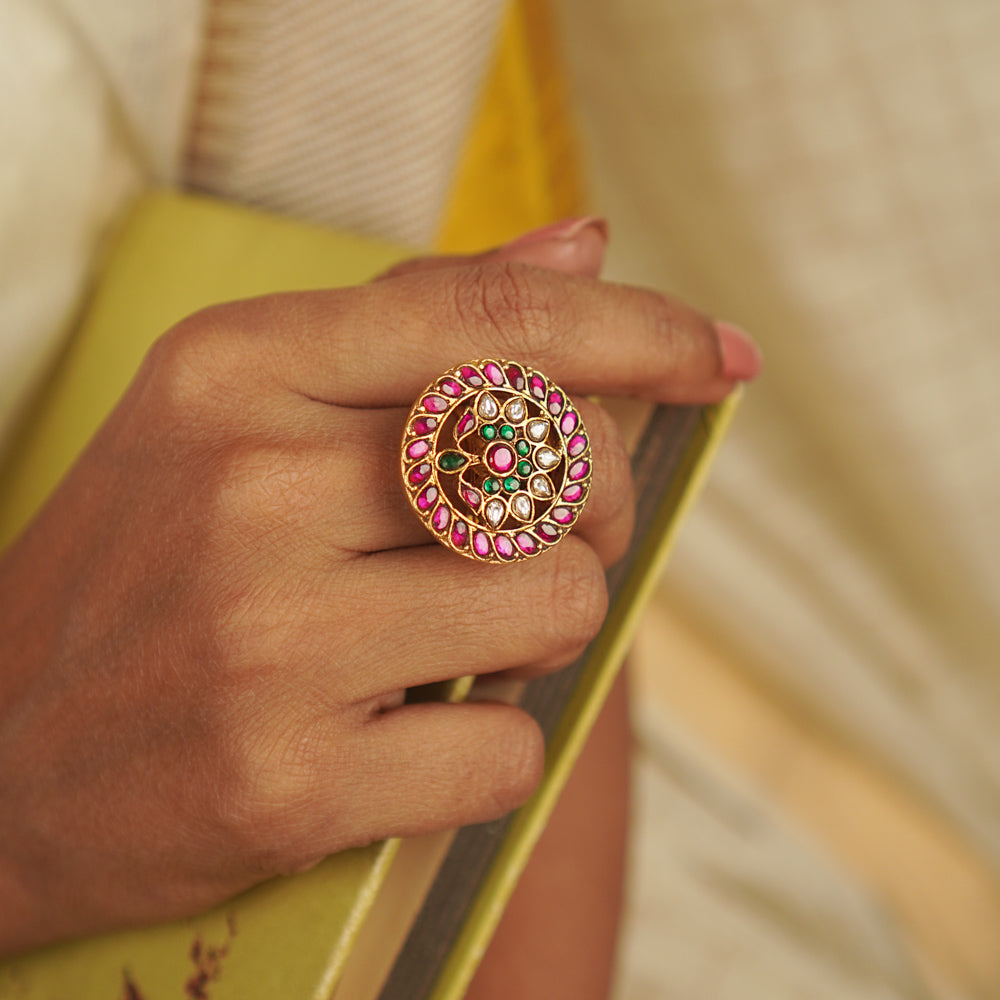 Roshandra Ring: A rediscovered gem. Gold-plated silver with vibrant red, white, and green kundans, capturing the allure of a timeless era.