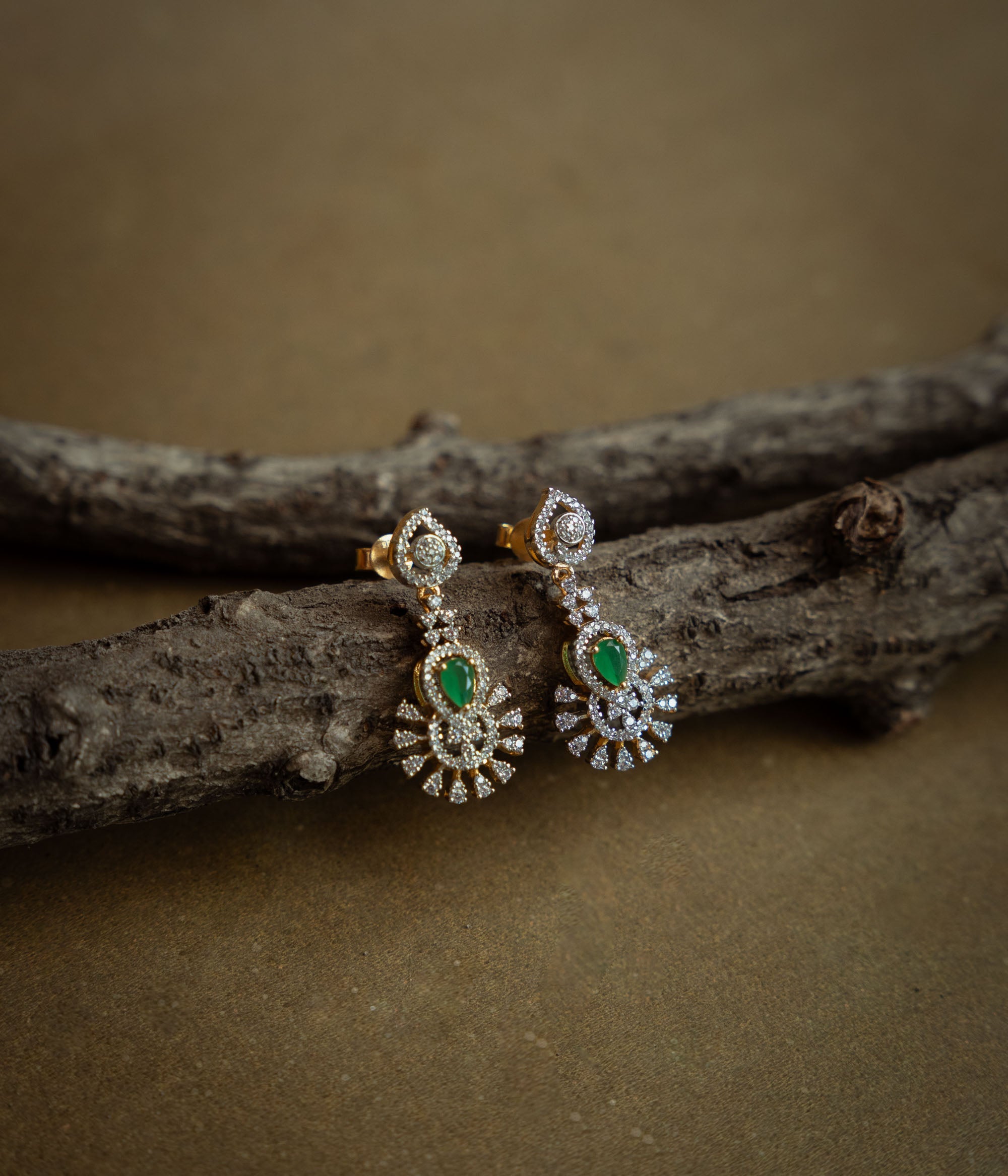 Green CZ fae leaf earrings