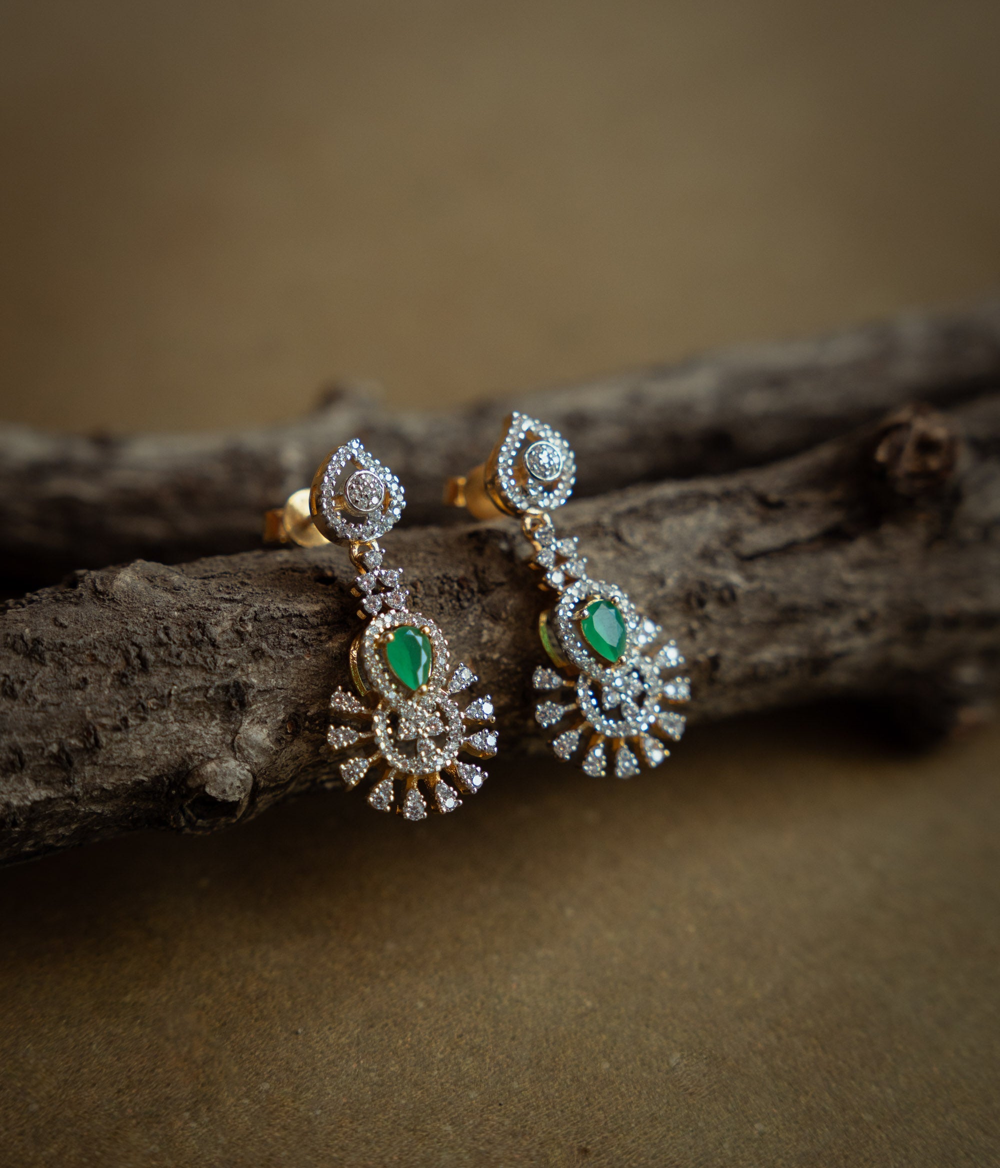 Green CZ fae leaf earrings