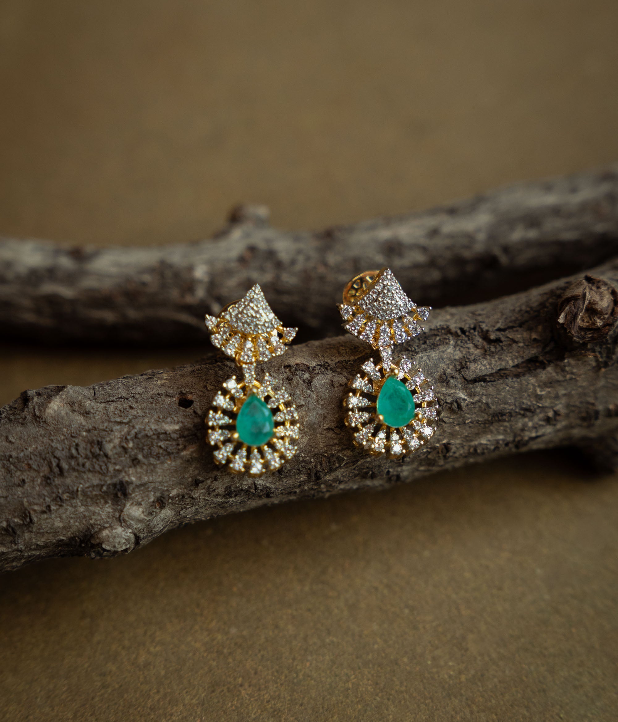 Green gem CZ woodland earrings