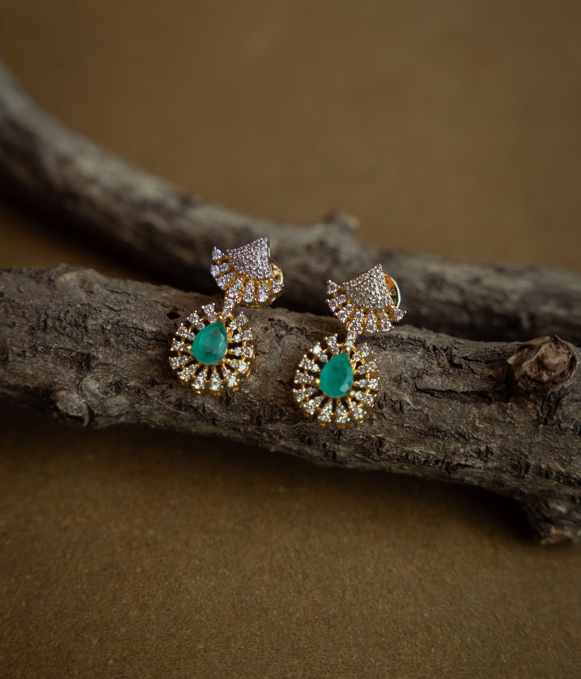 Green gem CZ woodland earrings
