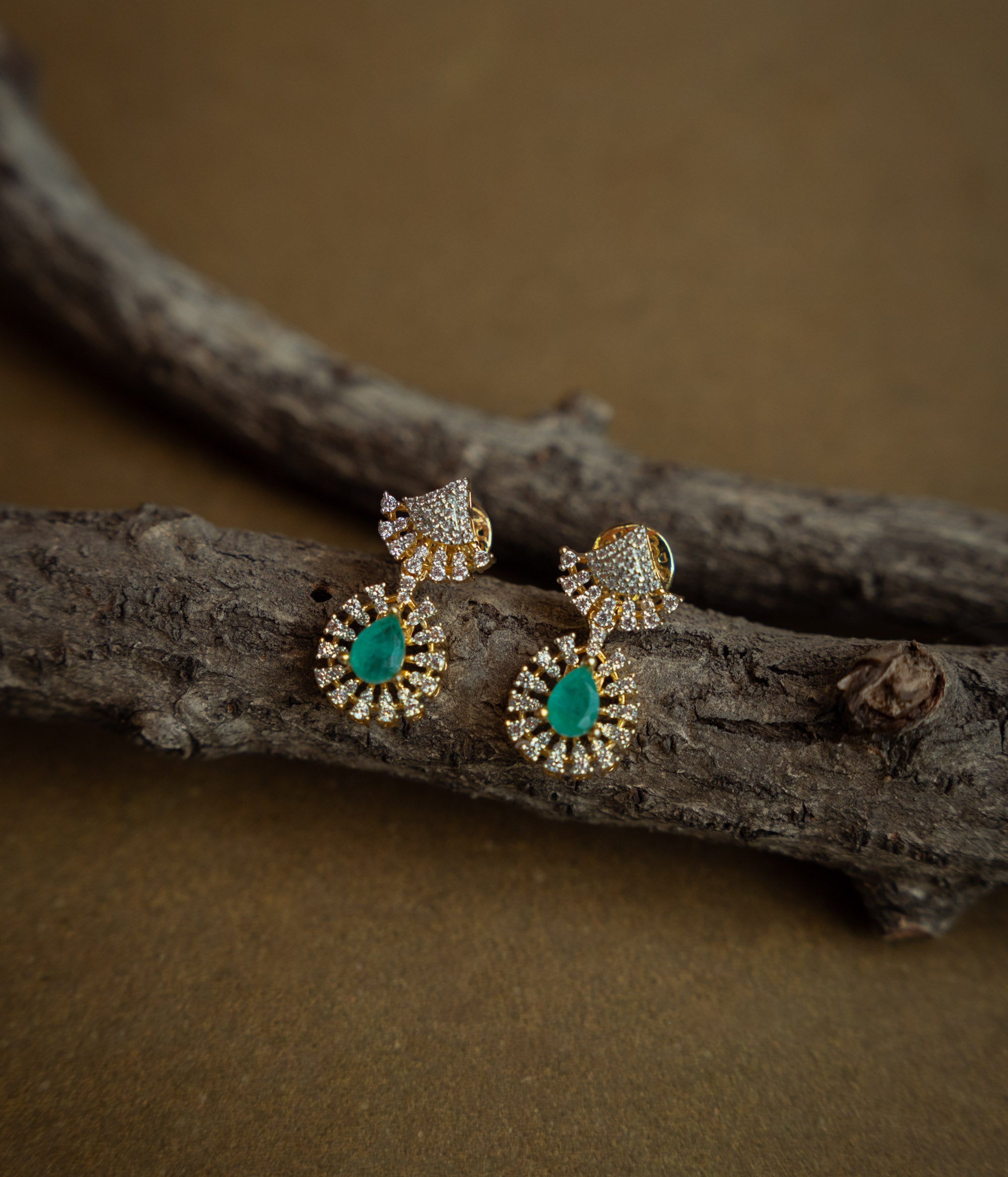 Green gem CZ woodland earrings