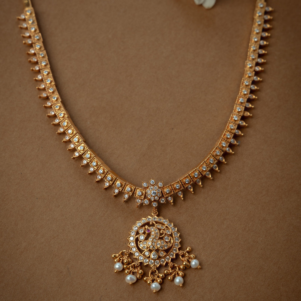 Stone Necklace with Red Polki Stone, White Polki Stone, Pearls, themed around Ethereal.