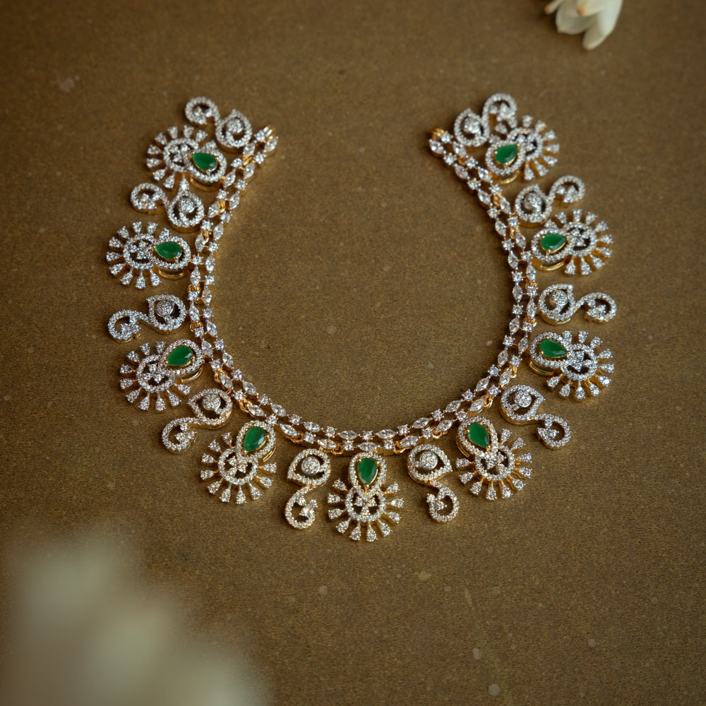 Stone Necklace with Green Gem Stone and  Swarovski Stone, themed around Royal.