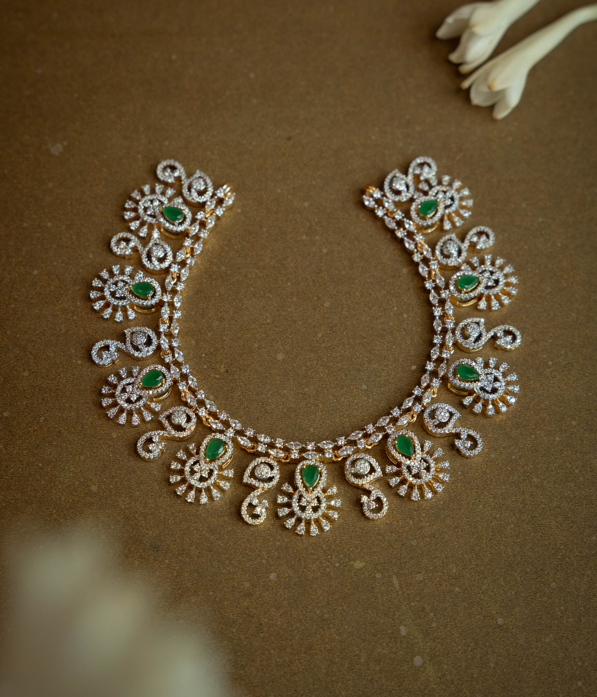 Stone Necklace with Green Gem Stone and  Swarovski Stone, themed around Royal.