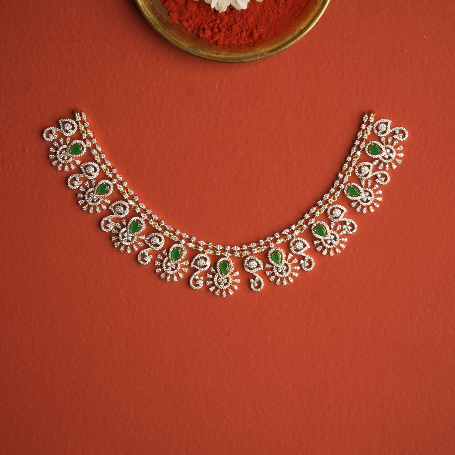 opulent royal necklace 925 silver with green gemstone and swarovski stones