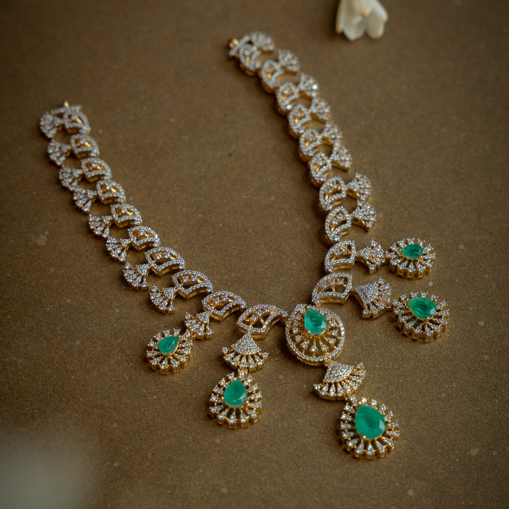 Stone Necklace with Green Gem Stone and  Swarovski Stone, themed around Ethereal.