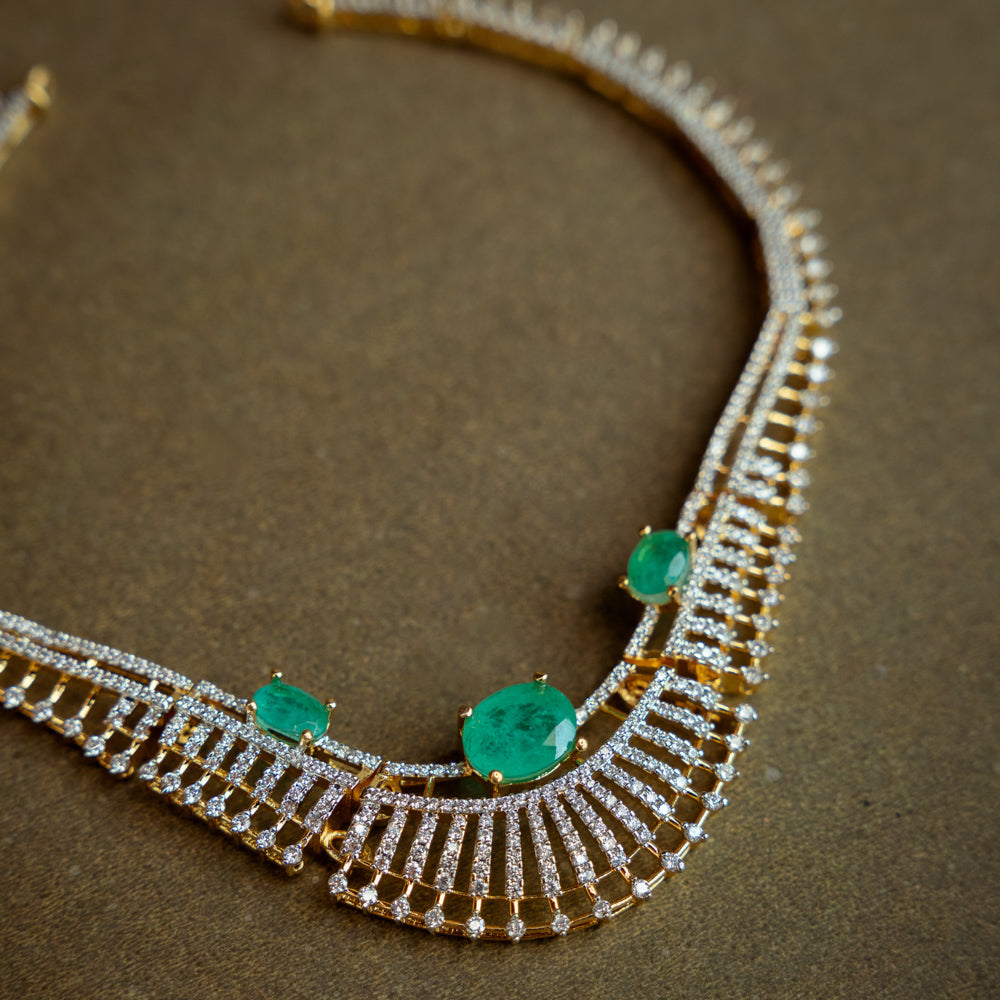 Stone Necklace with Green Gem Stone and  Swarovski Stone, themed around Tribal.