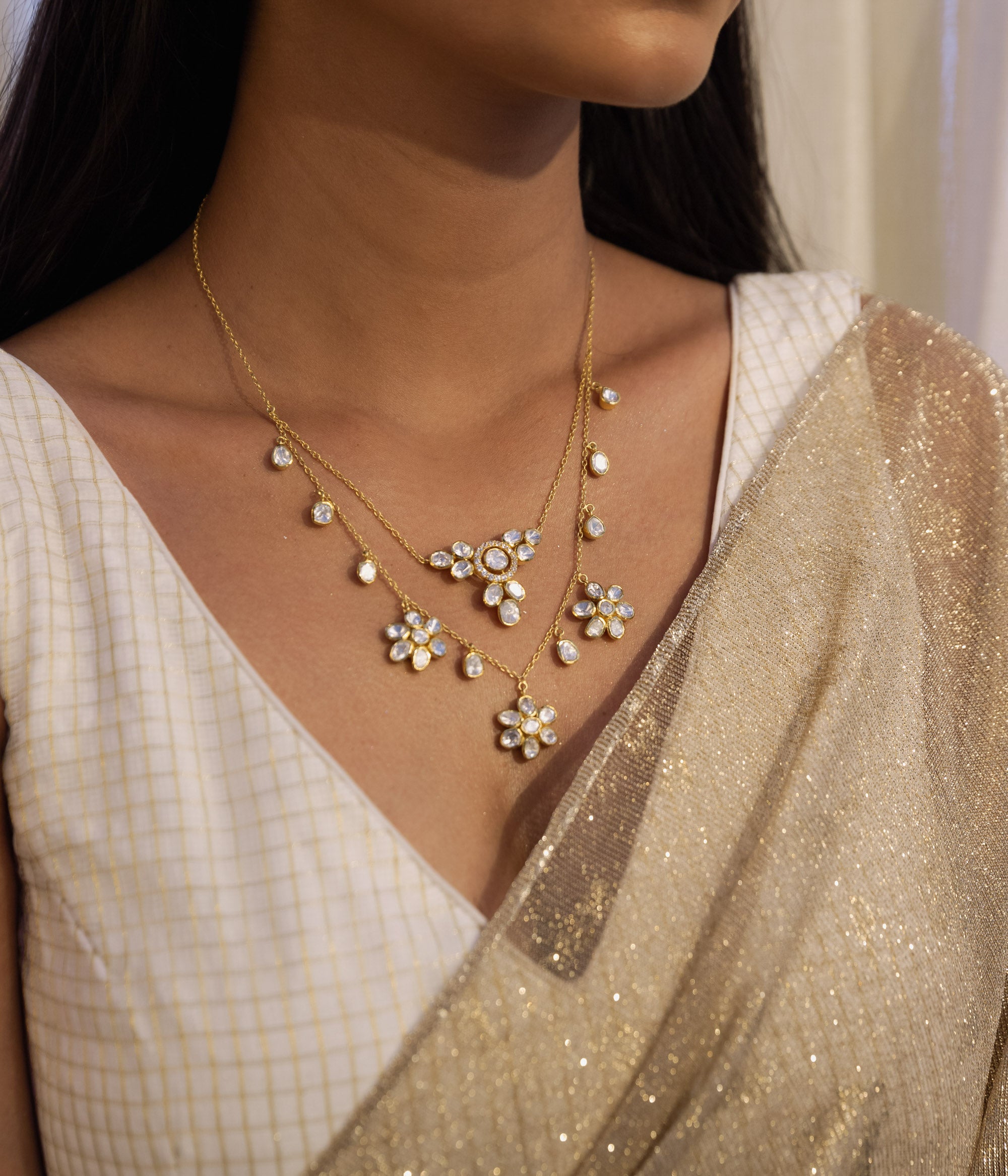 Sia Two Line Floral Moissonite Chain Necklace