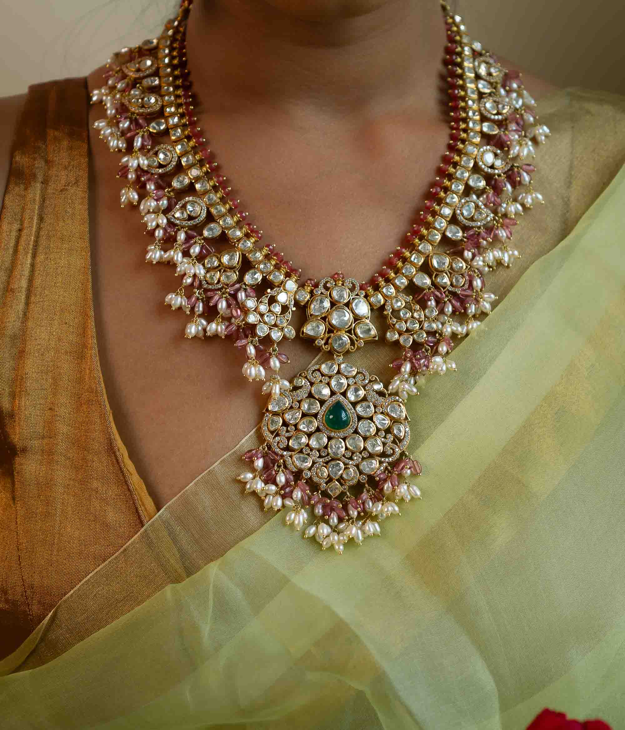 Siappa Pink Beads And Rice Pearls Guttapusalu Long Necklace