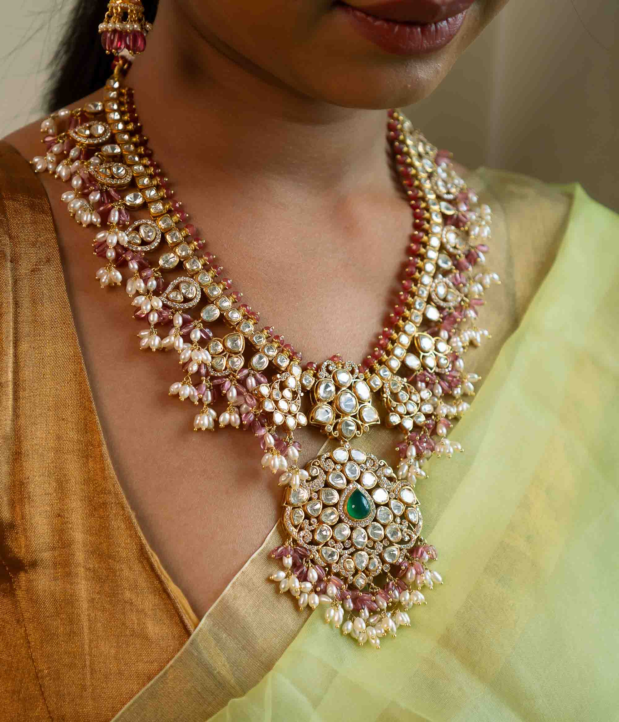 Siappa Pink Beads And Rice Pearls Guttapusalu Long Necklace