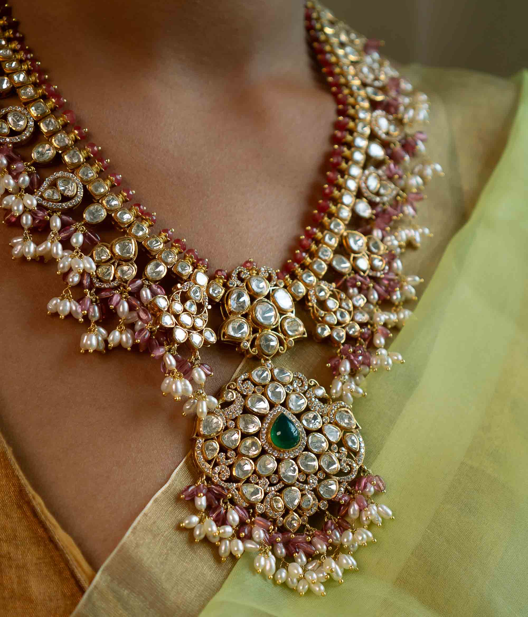Siappa Pink Beads And Rice Pearls Guttapusalu Long Necklace