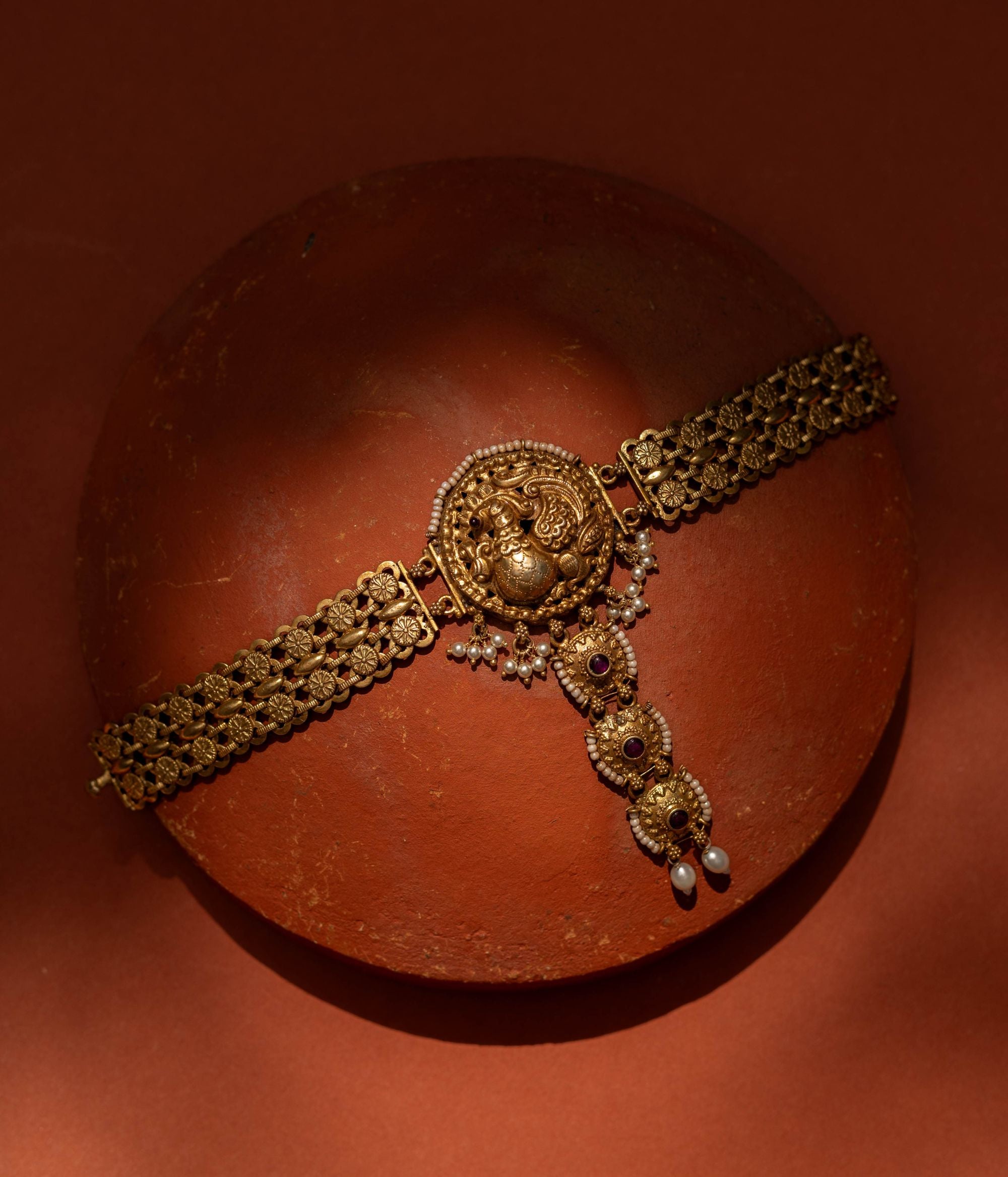 Arsheya Choker in 92.5 Sterling Silver with Red Spinel Stone, featuring gold-plated Kolhapuri-inspired tribal design.