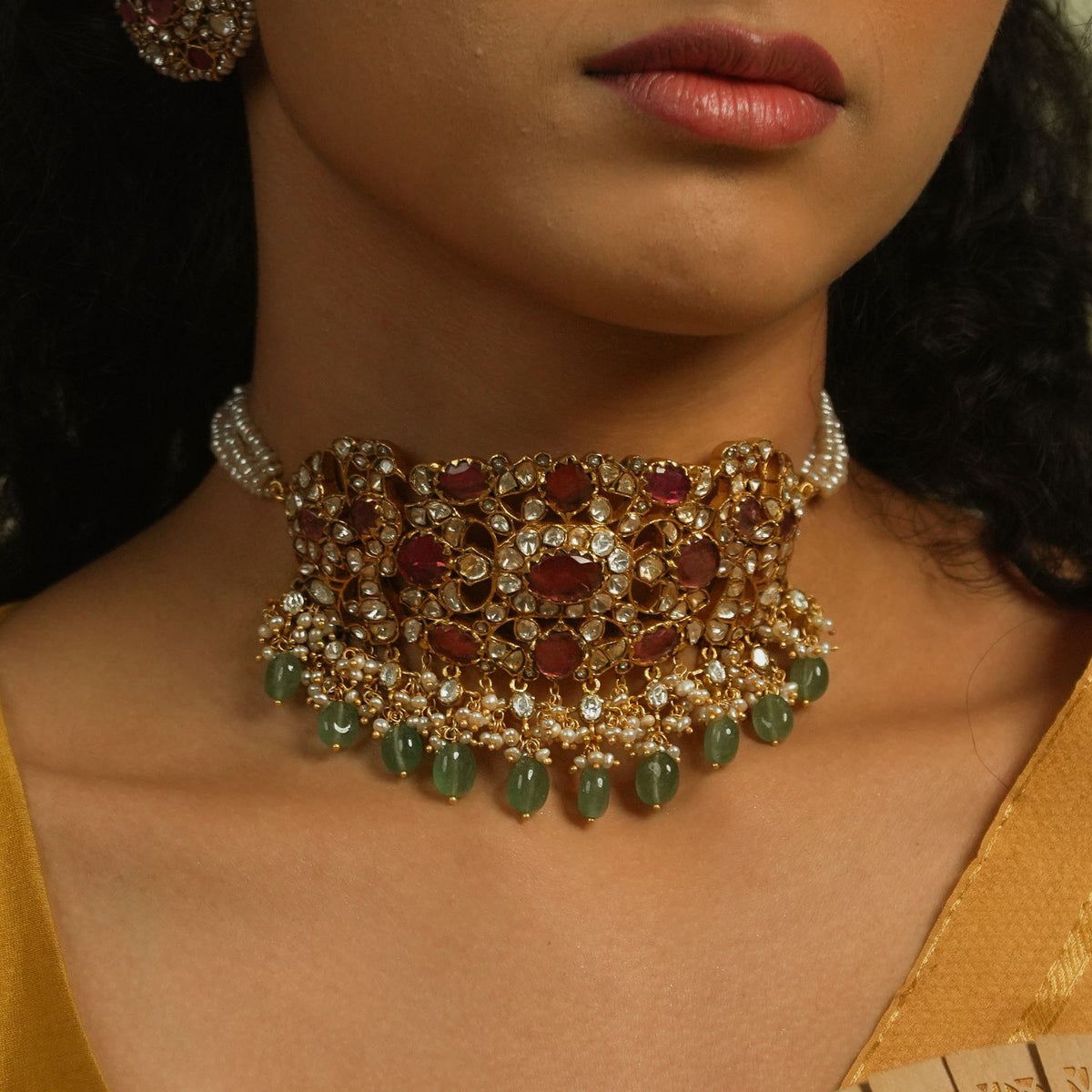 Tara Ruby & Emerald Rajput Choker | Heavy Gold-Plated Bridal Pearl Necklace