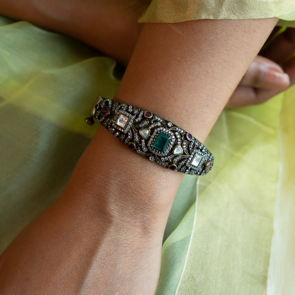 Jaypur Kada in 92.5 Sterling Silver with Victorian finish Polki CZ stones