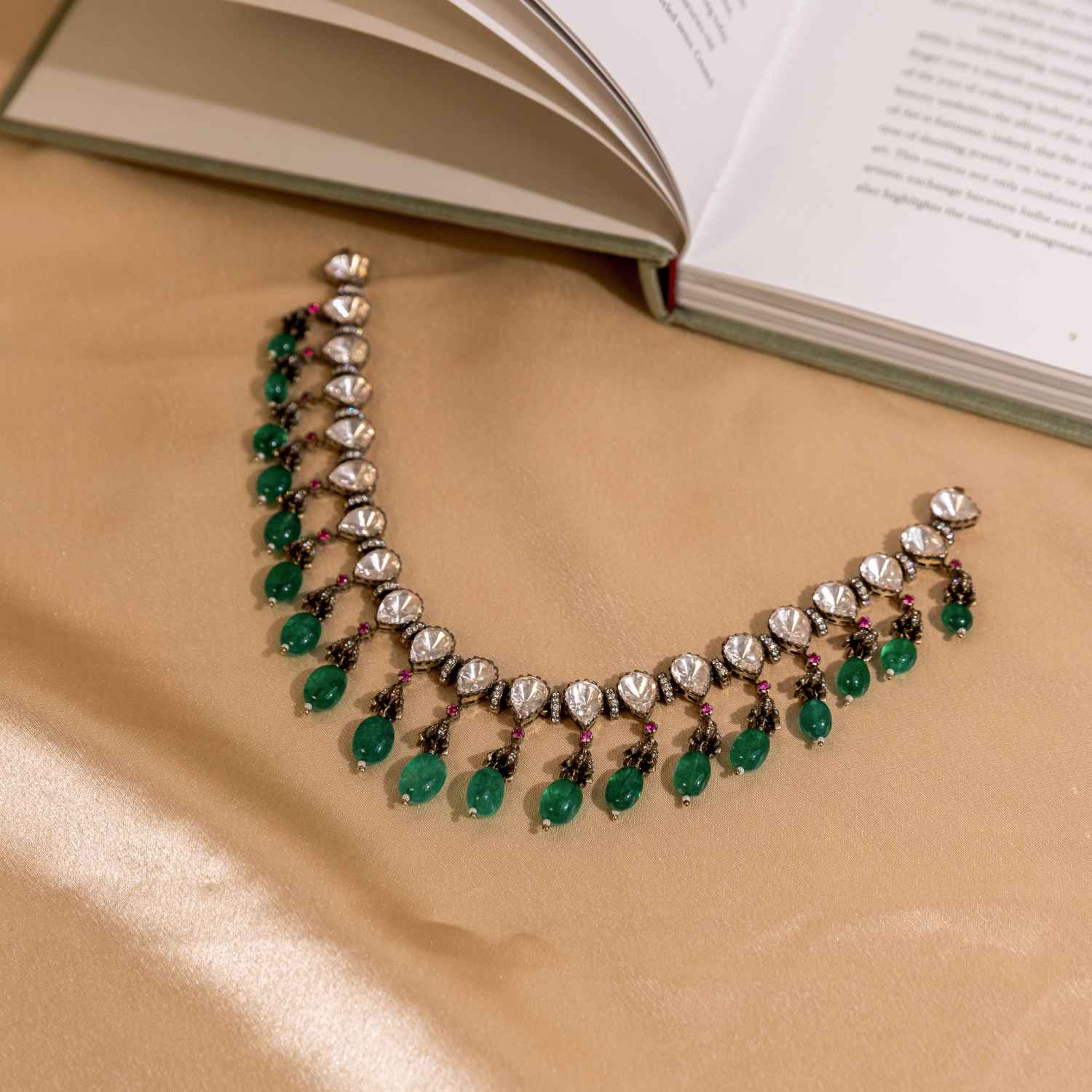 Viksha Moissanite Green Beads Victorian Short Necklace