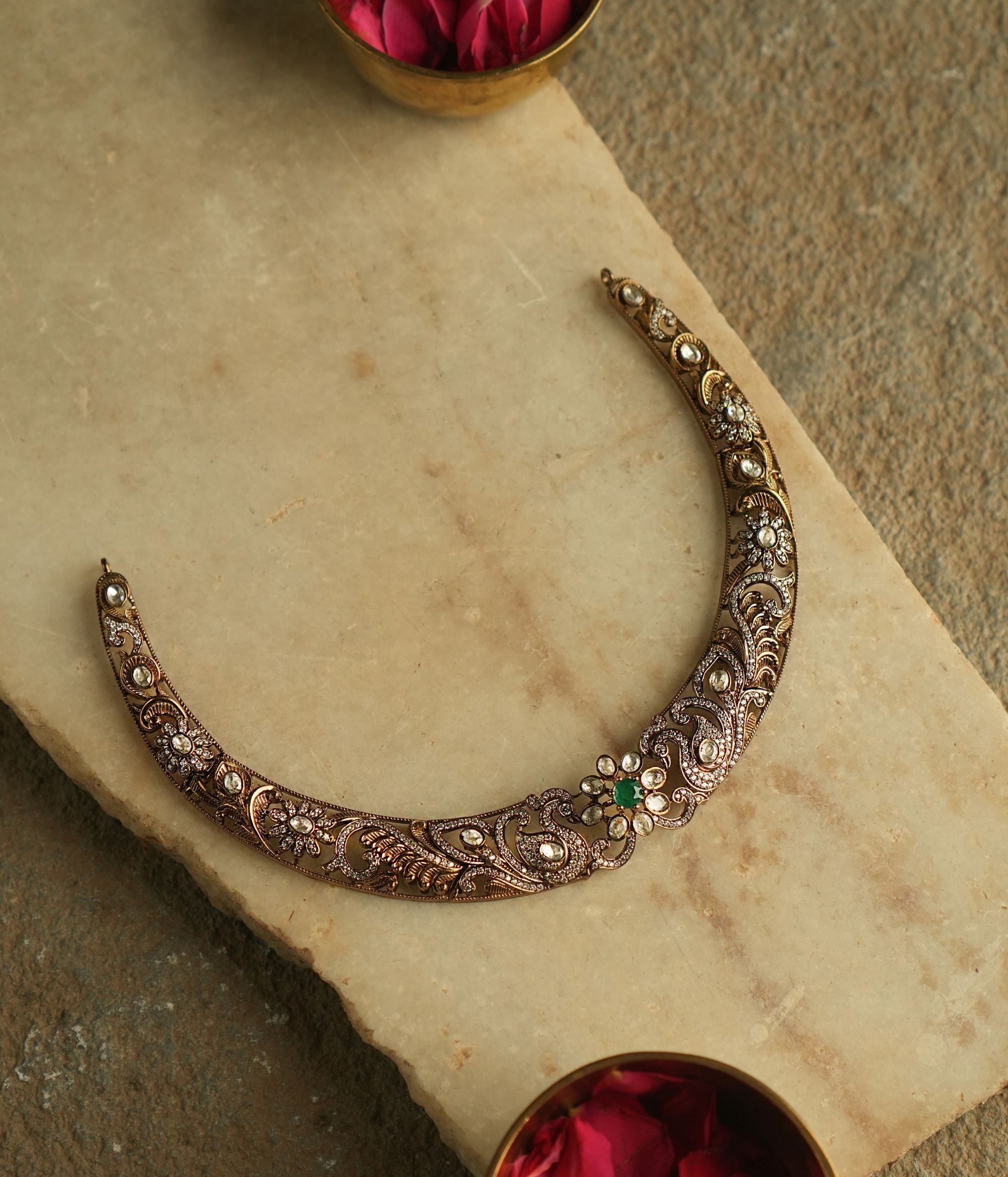 Chelsea Victorian Necklace in 92.5 Silver with Green Polki Stones