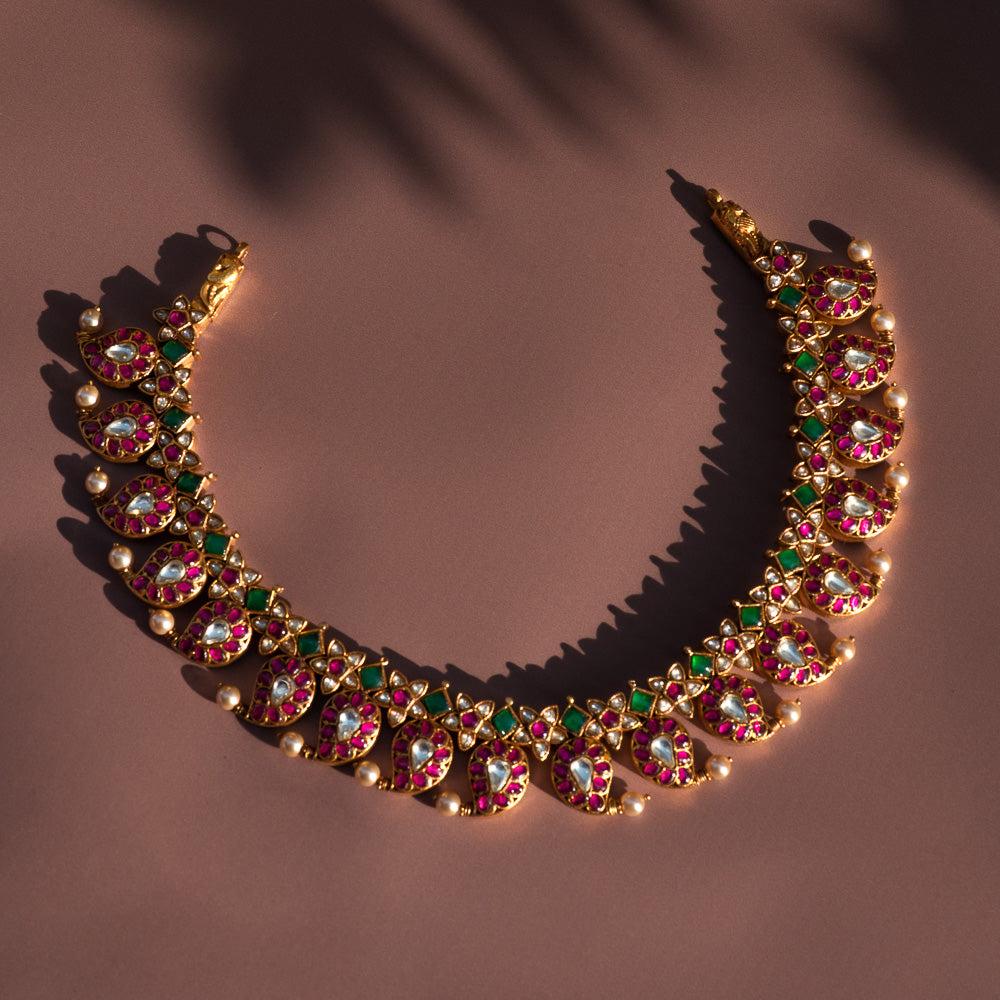 Aaradhana Red Mango Necklace in 92.5 Silver with Kundan Stones