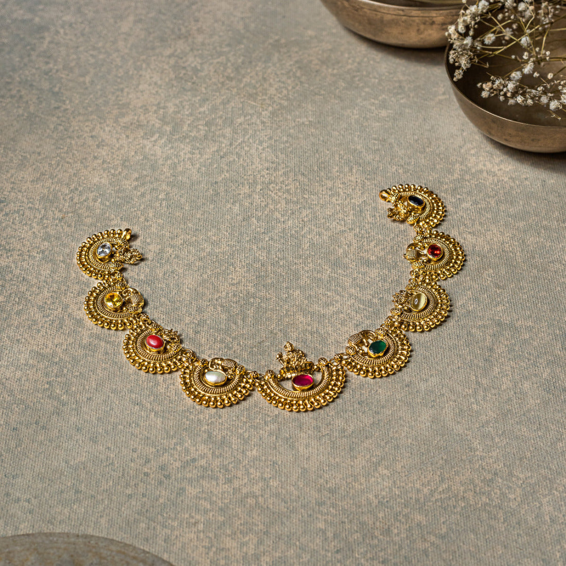 Anello handcrafted silver Navratna necklace by DivasMantra,Traditional 92.5 silver necklace with 9 planetary stones



