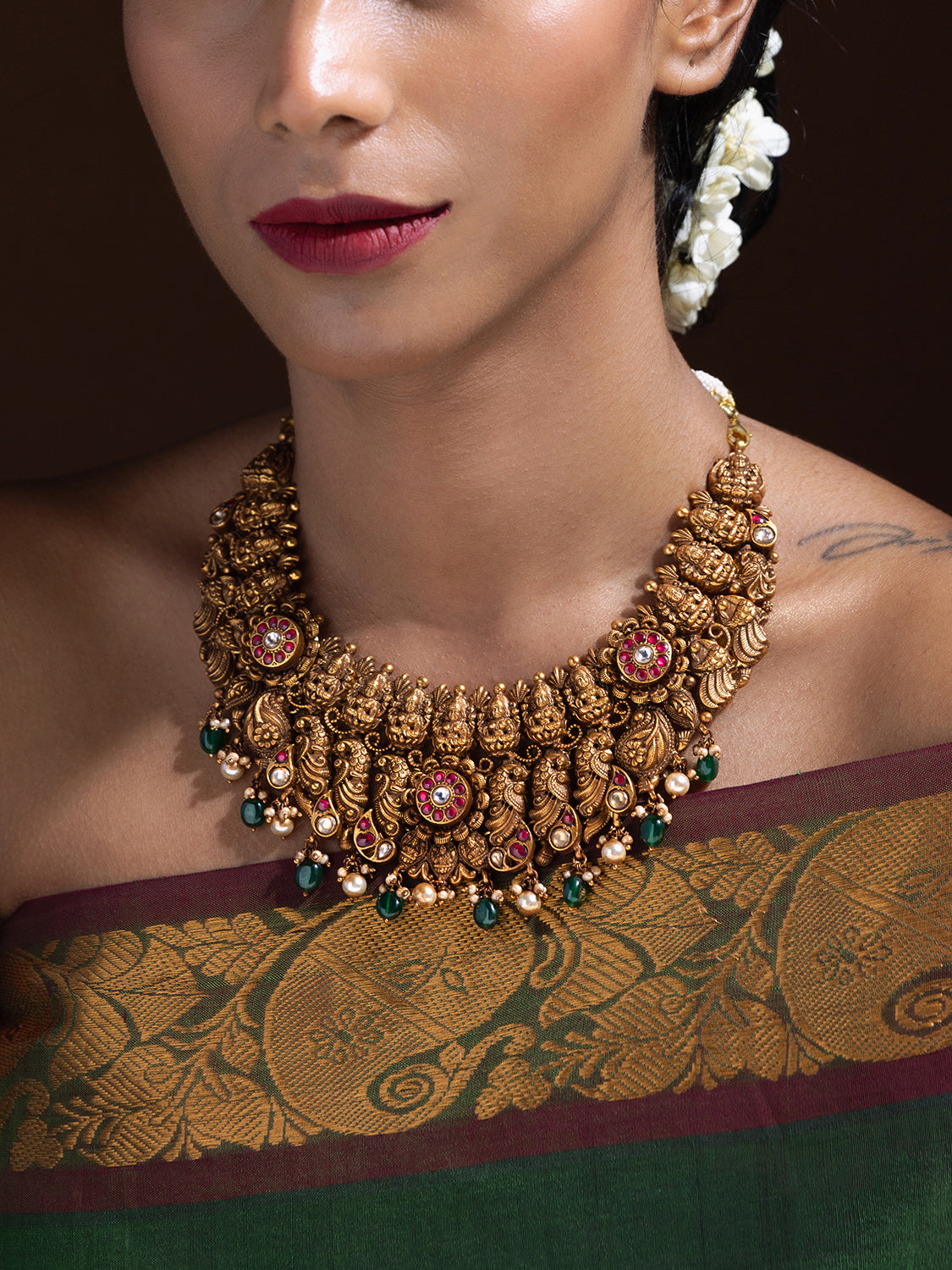 Aarna Lakshmi Antique Nakshi Silver Long Necklace