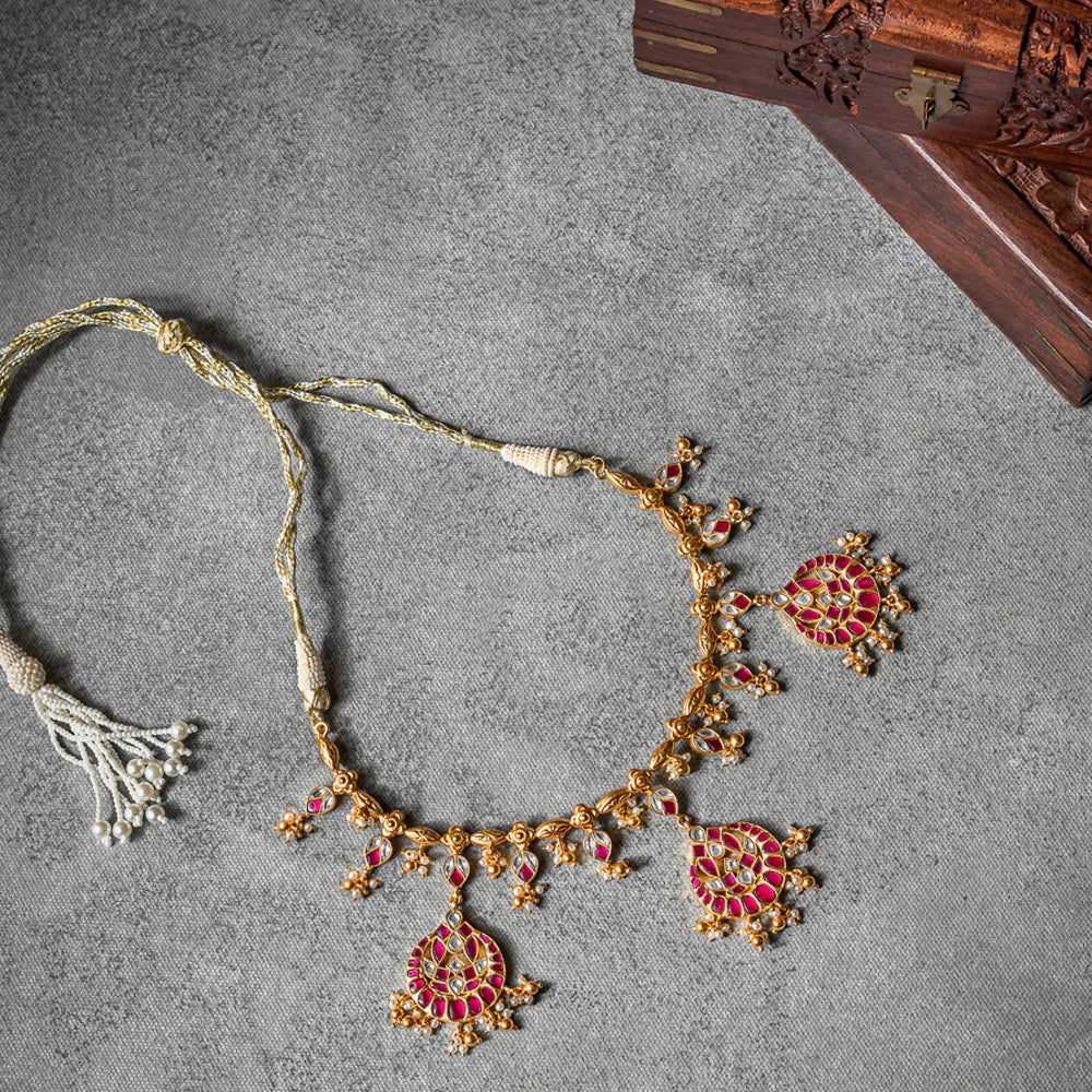 92.5 Sterling Silver Haals Kundan Short Necklace Gold Plated