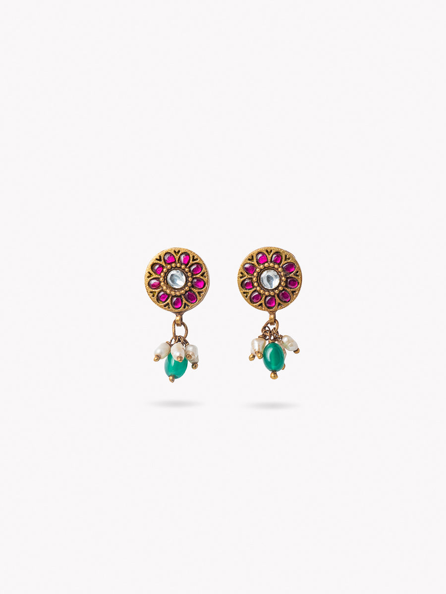 Phool Round Red Kundan Gold Plated Silver Earrings