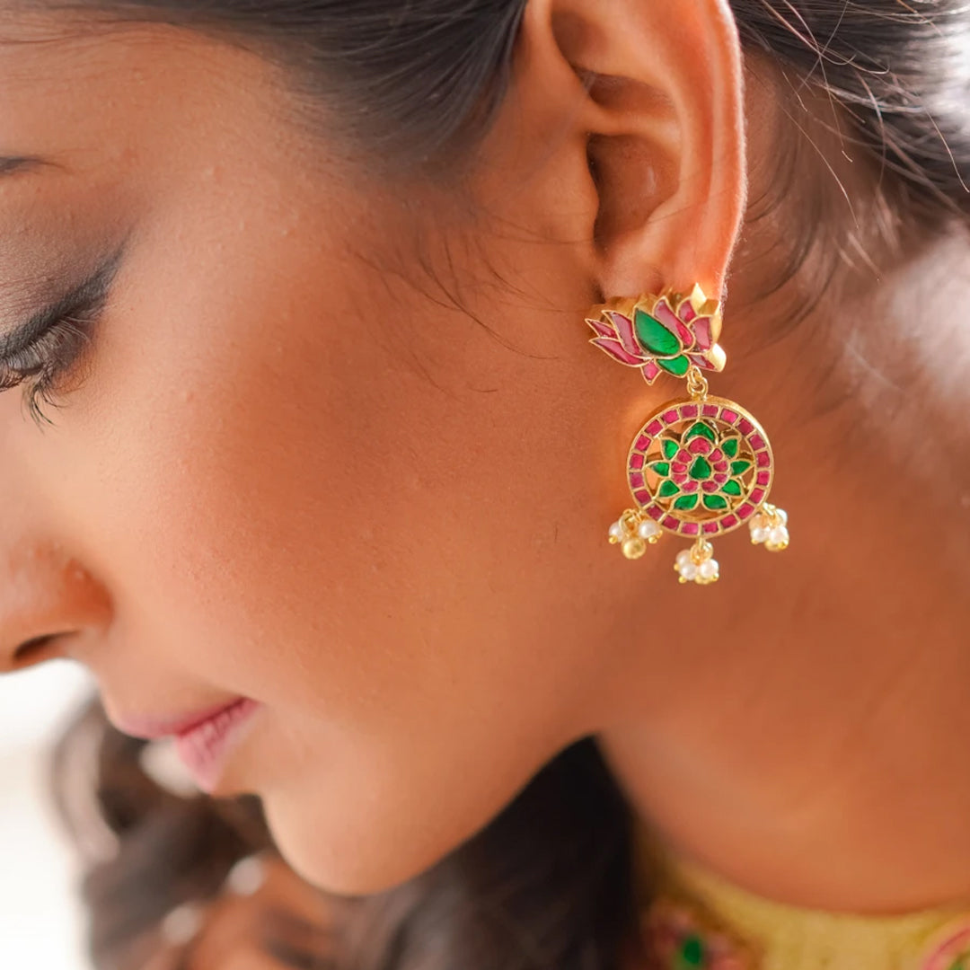 92.5 Sterling Silver Kamala Kundan Earring Gold Polish