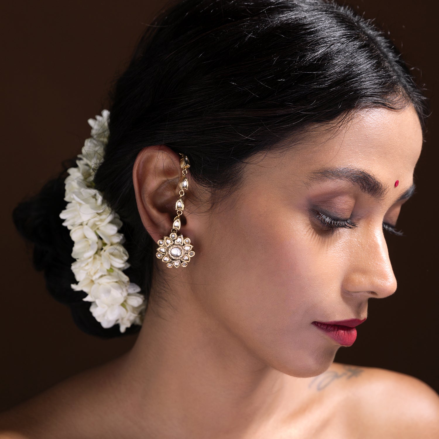 Amaira Beautiful White Sapphire Earrings with attached Ear chain