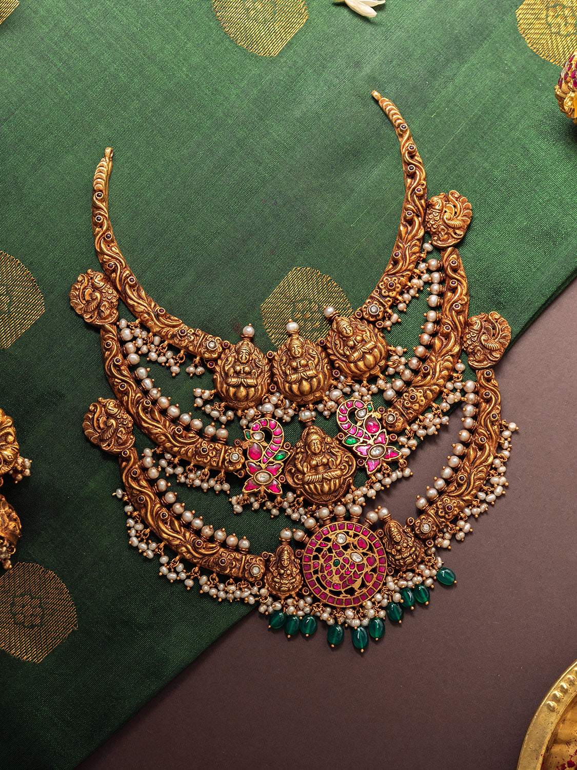 Adyata Lakshmi Antique Nakshi Three Line Silver Necklace