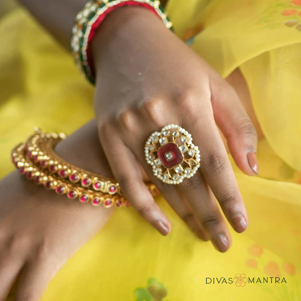 92.5 Sterling Silver Pratha Kundan Ring Gold Plated