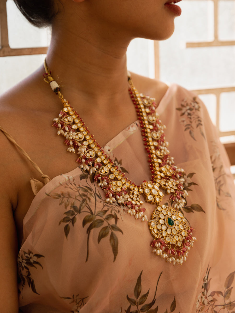 Siappa Pink Beads And Rice Pearls Guttapusalu Long Necklace