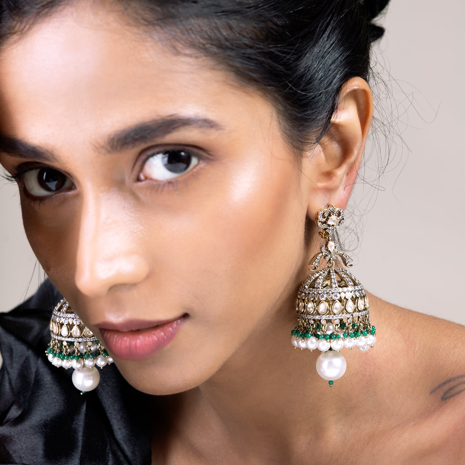 92.5 Sterling Silver Aoura Victorian Jhumki with Pearl Gold Plated
